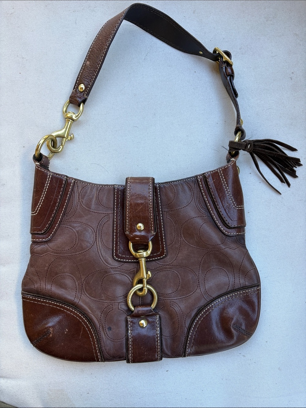 Coach Brown Leather Shoulder Bag with Brass Hardware